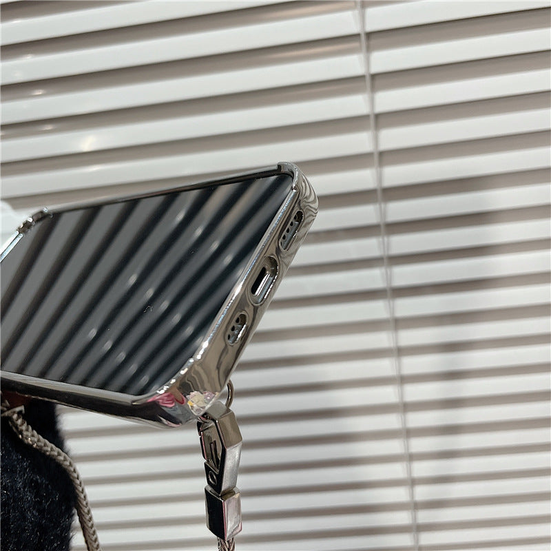 Electroplating Phone Case for iPhone 14 Plus Plaid Design TPU Cover with Heart Shaped Mirror and Chain Electroplating Phone Case for iPhone 14 Plus Plaid Design TPU Cover with Heart Shaped Mirror and Chain